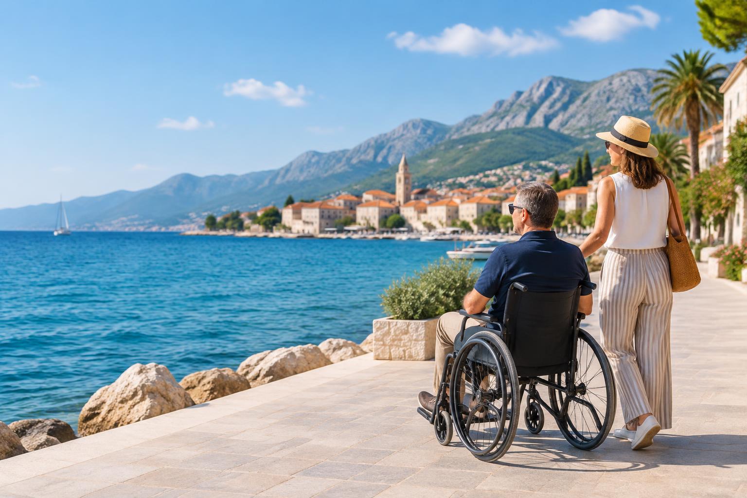 A wheelchair user and companion enjoying a coastal promenade